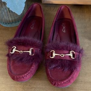 Horse-bit Faux Fur Burgundy Suede Loafers Size 7